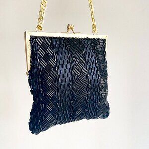 Vintage Fully Beaded Black  Handmade in Hong Kong Small Evening Purse